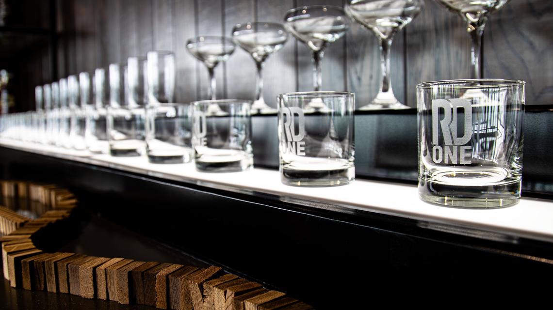 Bourbon neat glasses on display at RD1 Distillery at The Commons before the official May 14th grand opening on May 13, 2025, in Lexington, Ky.