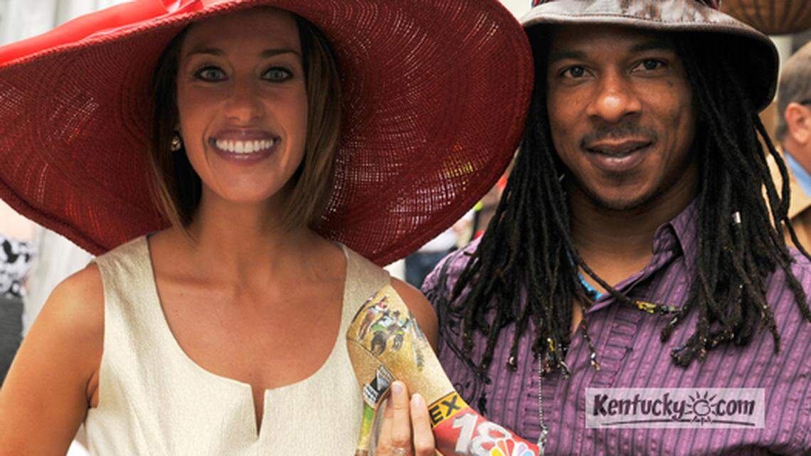 WLEX-TV (Channel 18) news anchor Nicole Pence, left, showed off her shoes that were custom painted by Rasta Geary Taylor for the 2011 Kentucky Derby.