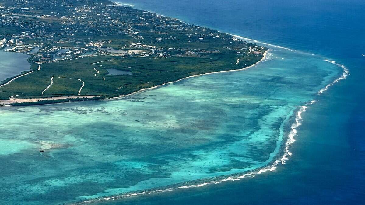 Aerial view of the south beach of the Grand Cayman island, on February 14, 2024. (Photo by Daniel SLIM / AFP via Getty Images)