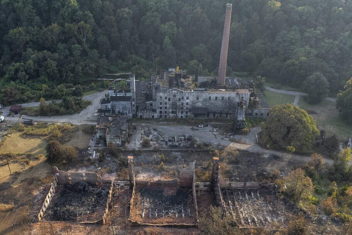 The historic Old Crow Distillery, now home to Glenn's Creek Distilling, along McCracken Pike in Woodford County, Ky., caught fire Wednesday, Sept. 30, 2026.