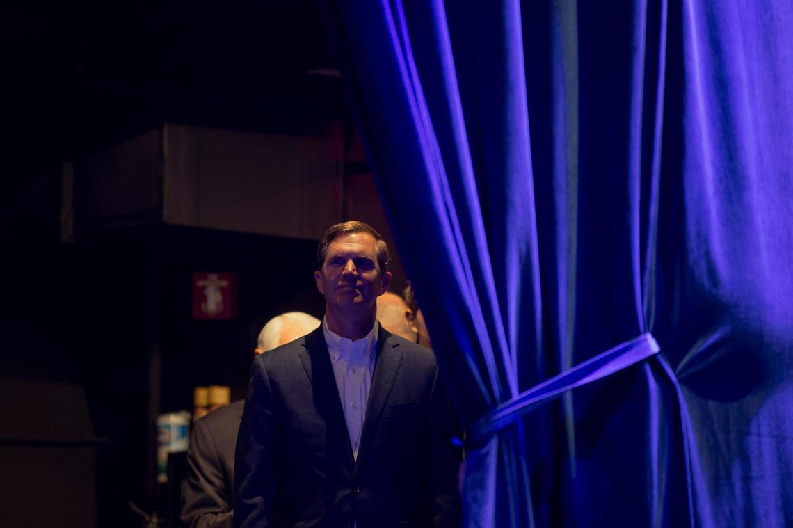 Kentucky Gov. Andy Beshear waits to be introduced at an election night watch party at Old Forester’s Paristown Hall in Louisville, Ky., on Tuesday, Nov. 7, 2023.