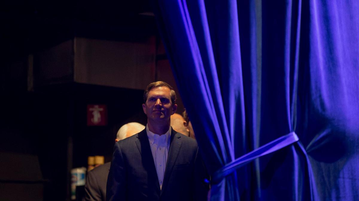 Kentucky Gov. Andy Beshear waits to be introduced at an election night watch party at Old Forester’s Paristown Hall in Louisville, Ky., on Tuesday, Nov. 7, 2023.