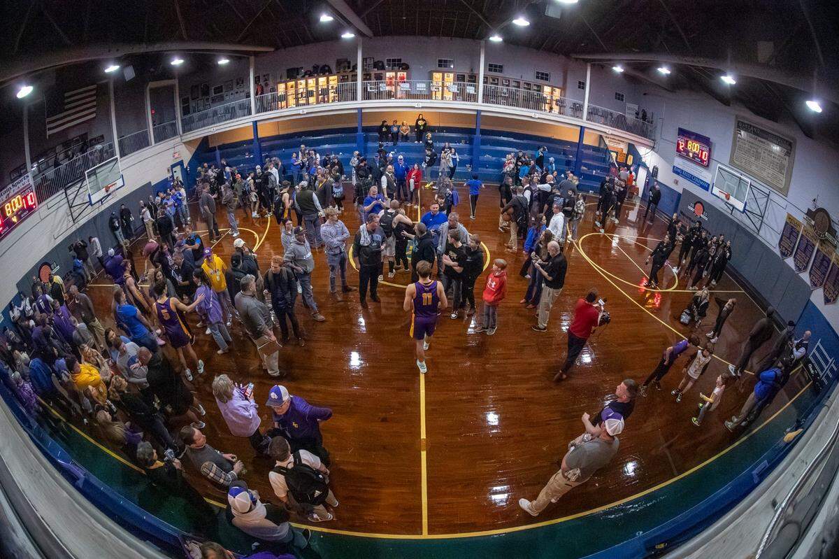 Lyon County’s Travis Perry (11) walks to half court following a game against Floyd Central at Wayland Gymnasium at the Mountain Sports Hall of Fame on Saturday.