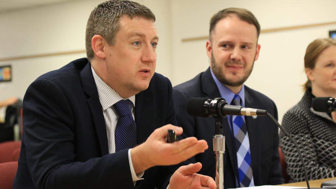 Earl Simms, Director of Charter Schools for the Kentucky Department of Education, made a presentation during  a Fayette Board of Education meeting at  Central Office. To his right is  Kentucky Associate Education Commissioner Kevin Brown.