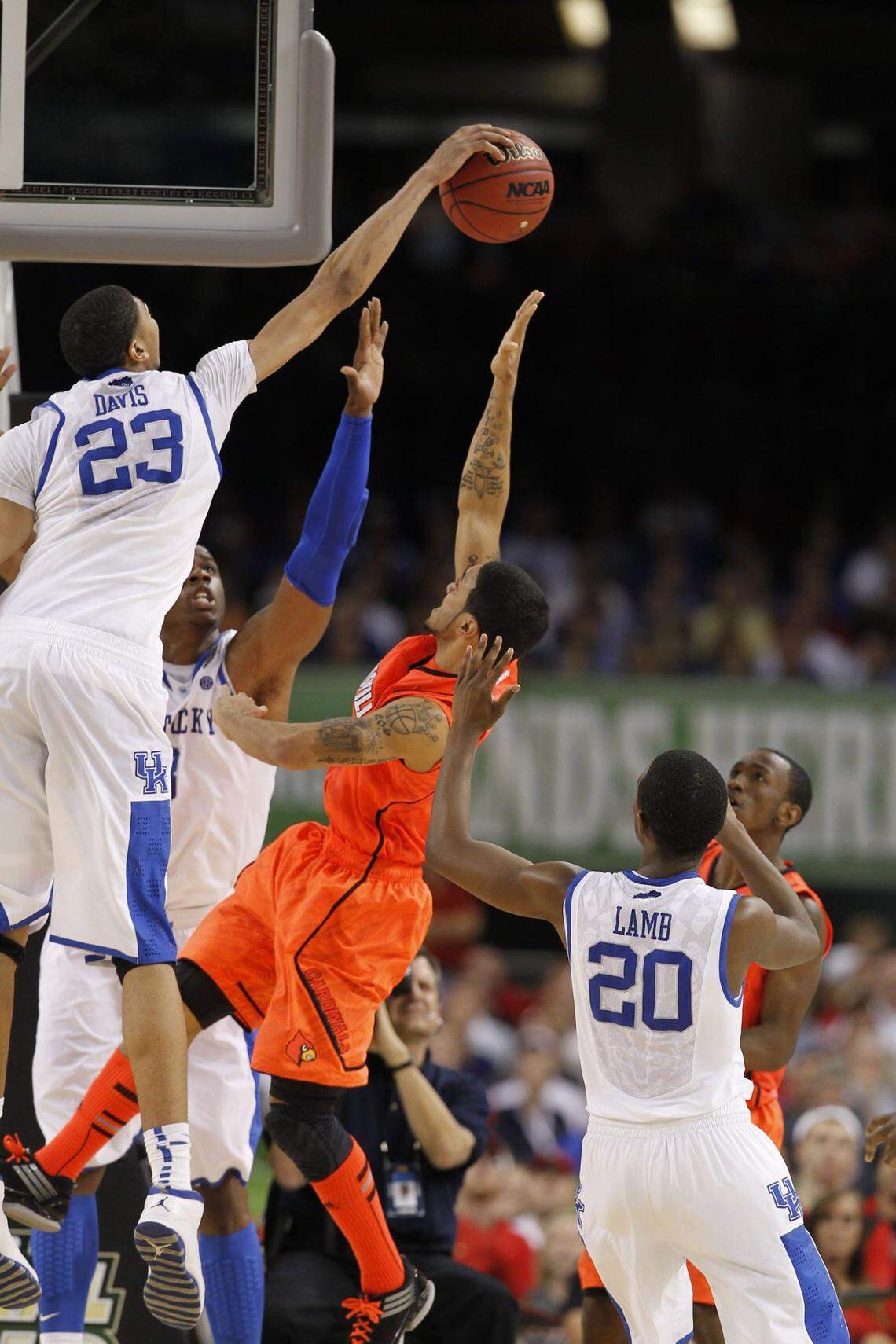 In Kentucky’s 69-61 win over Louisville in the 2012 NCAA Tournament Final Four, UK star Anthony Davis (23) blocked five shots and altered many others.