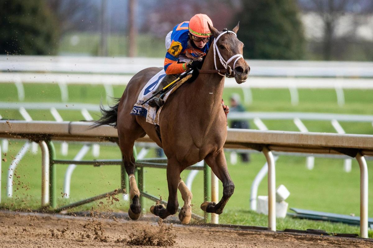 Nest, with Irad Ortiz Jr. up, crosses the finish line to win the 85th running of the Central Bank Ashland Stakes on opening day at Keeneland.