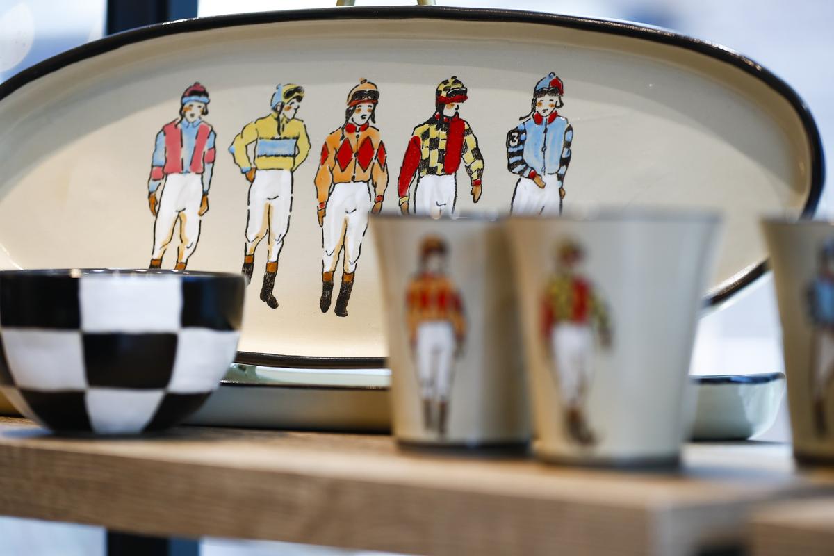 A jockey themed serving platter from Louisville Stoneware Co. for sale at Keeneland Mercantile.