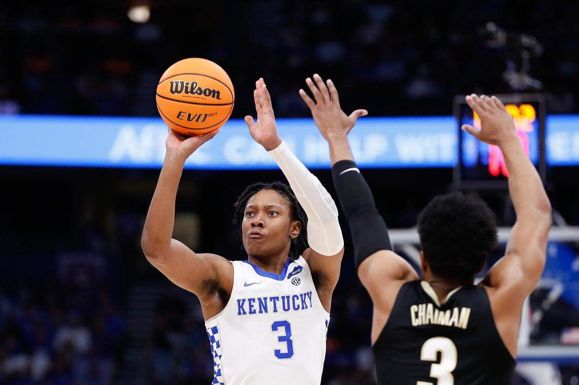 Kentucky’s TyTy Washington (3) takes a shot against Vanderbilt during the quarterfinals of the SEC Tournament in Tampa, Fla., on Friday, March 11, 2022.