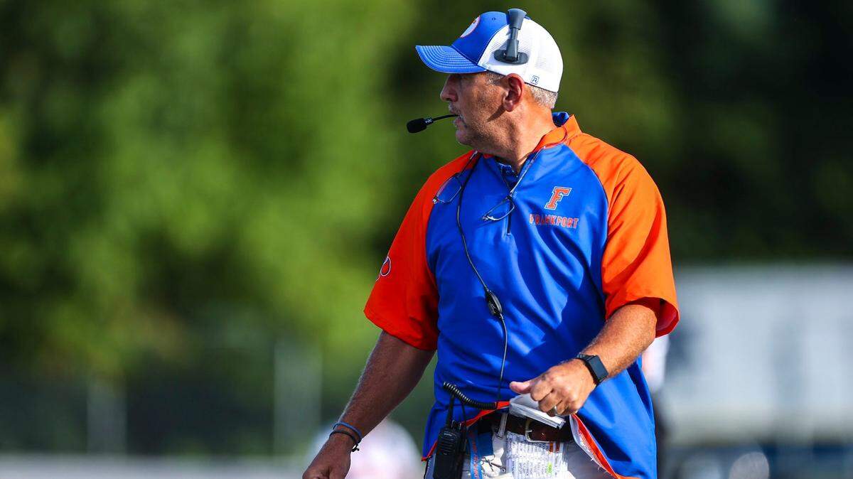 Craig Foley coached Frankfort against Sayre at the Mingua Beef Jerky Bowl at Bourbon County High School in Paris on Sept. 3, 2021.