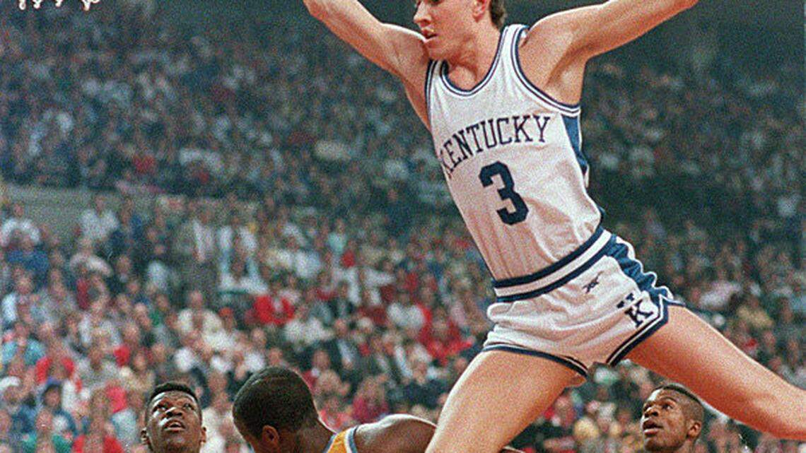 Rex Chapman was fouled by Southern's Dervynn Johnson (30) during the NCAA Tournament Southeast Regional in Cincinnati in March 1988. UK won 99-84.
