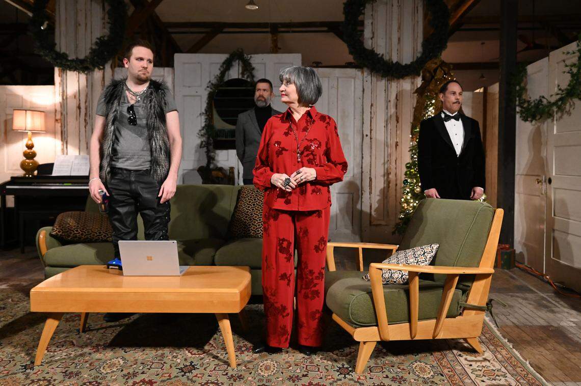 Eleanor (Missy Johnston, middle front) and her sons (L-R) John (Tanner Gray), Richard (Shayne Brakefield) and Geoffrey (Tim Hull). On the Verge Theatre presents “The Lion in Winter” at Luigart Studio, 110 Luigart Court in Lexington, Kentucky, Jan. 23-Feb. 1. This photo was taken at a rehearsal Jan. 17, 2025.