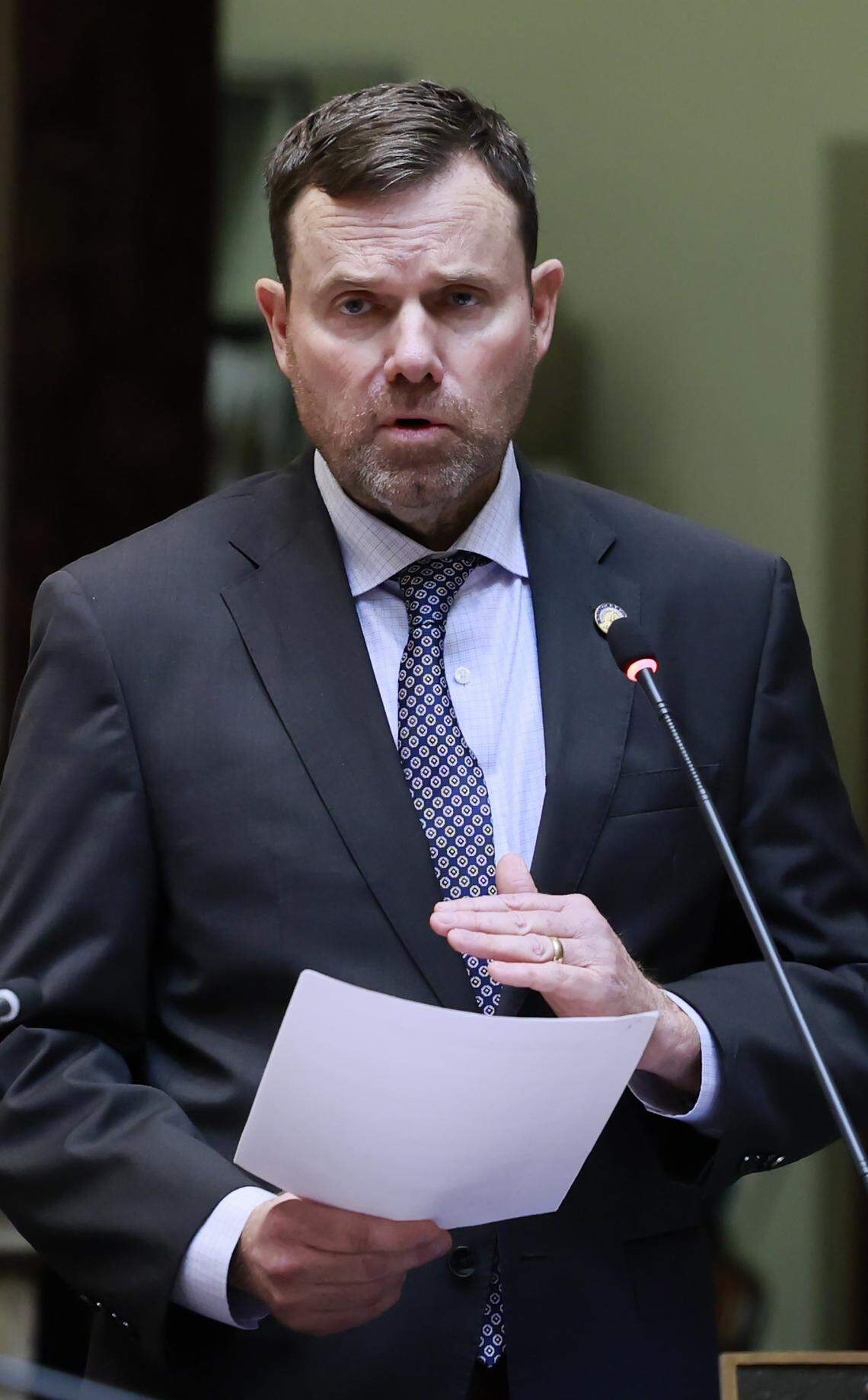 Sen. Stephen West, R-Paris, presents House Bill 4, an act related to diversity, equity and inclusion initiatives, on the Senate floor in 2025.