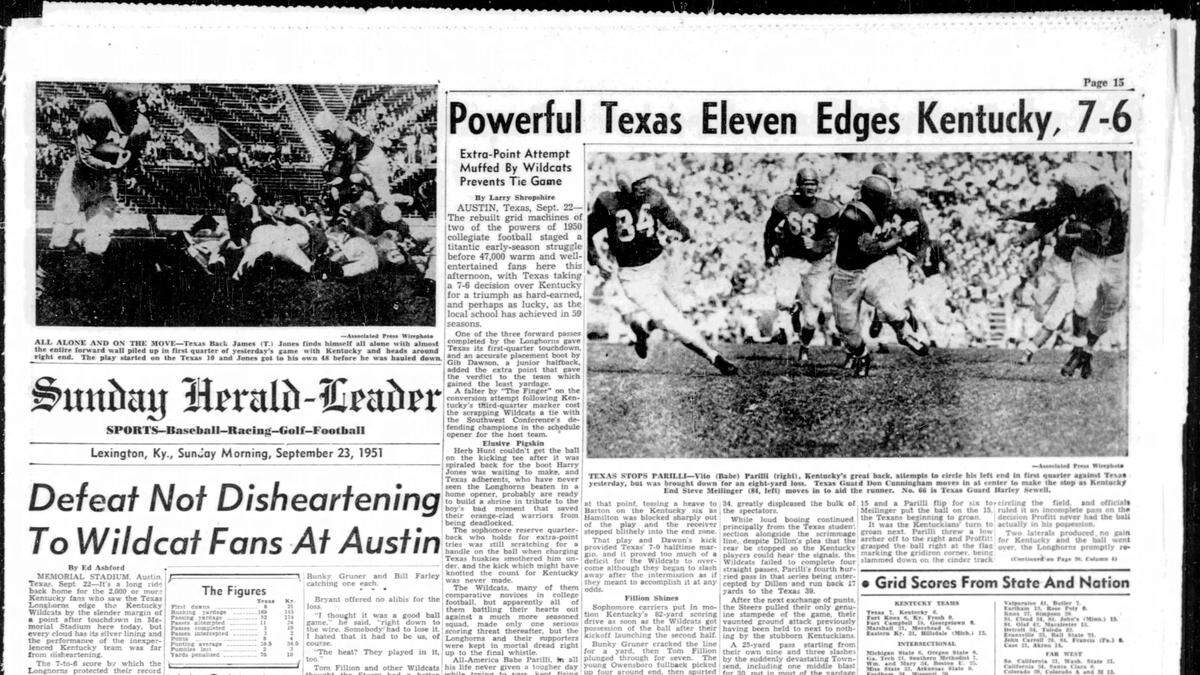 Page 15, the first page of the Sports section, of the Sunday, Sept. 23, 1951, Lexington Herald-Leader newspaper recapping the University of Kentucky and Texas football game in Austin.