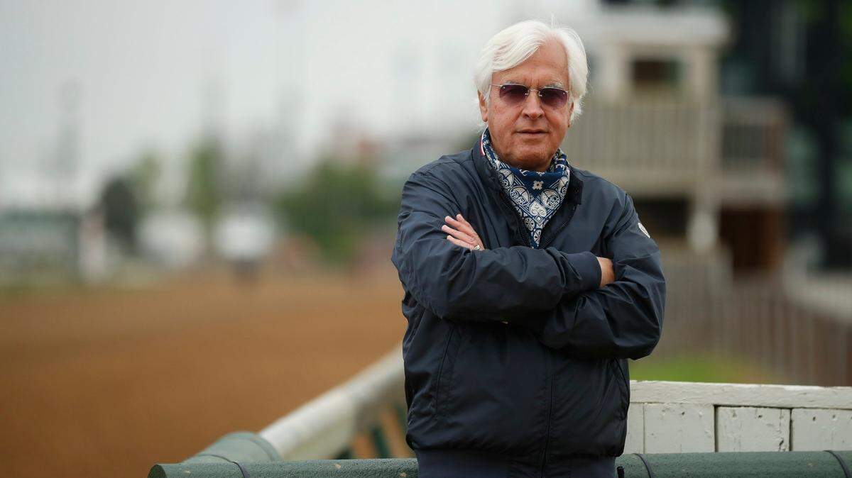 Trainer Bob Baffert watches horses on the track during morning workouts at Churchill Downs on April 28. Three days later, he won the Kentucky Derby with Medina Spirit. A week after that, his Derby winner tested positive for overuse of a medication.