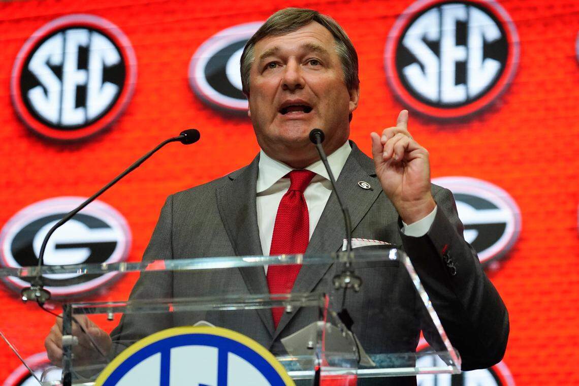 Kirby Smart speaks during SEC Media Days in Atlanta on Wednesday. The Georgia head coach said he expects no letdown after his Bulldogs won the national championship last season.