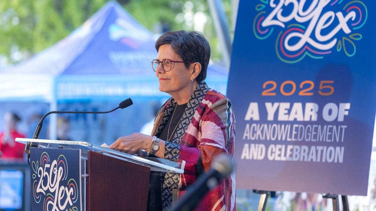 Lexington Mayor Linda Gorton speaks during a press conference Thursday, Oct. 10, 2024, announcing plans for Lexington’s 250th anniversary celebration. Events held during each month of 2025 will focus on different aspects of Lexington.