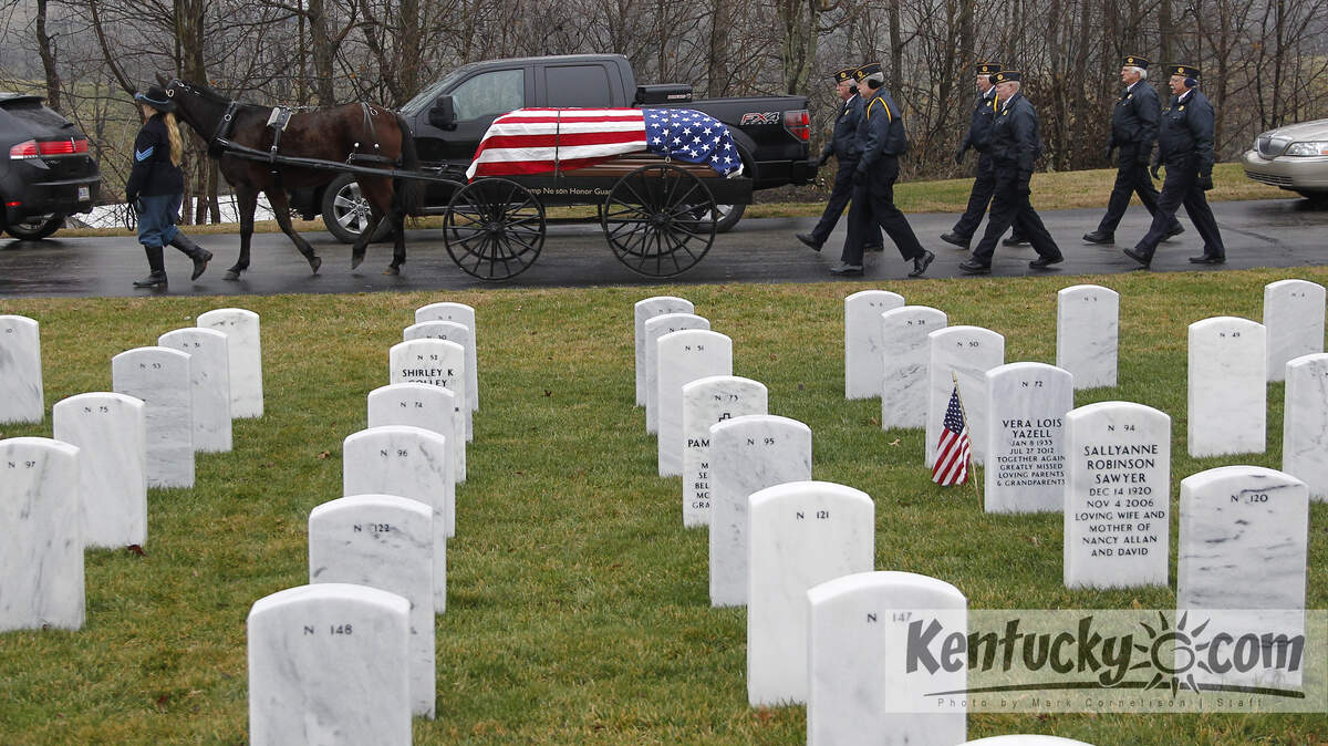 Escorted by the Camp Nelson Honor guard and led by Claire Friend and Pretty Boy, a caisson carried the body of World War II veteran Samuel Vanover, 93, of Lancaster, followed by American Legion Post No. 18 of Stanford at Camp Nelson in Nicholasville.  Photo by Mark Cornelison | Staff 
