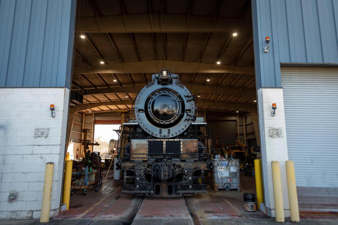 75-year old steam locomotive C&O 2716 sits in the renovated CSX mechanic shop while under restoration in Irvine, Estill County, Ky., Monday, November 2, 2020. Kentucky Steam has already purchased land from CSX and is ready to start construction on the venue, with the sponsorship of Hardy Oil, that it hopes will lead the way for other endeavors to celebrate the regions railroad heritage. In 2018 Kentucky Steam Heritage Corporation purchased the property from CSX Transportation for a future rail-based tourism and historical development.