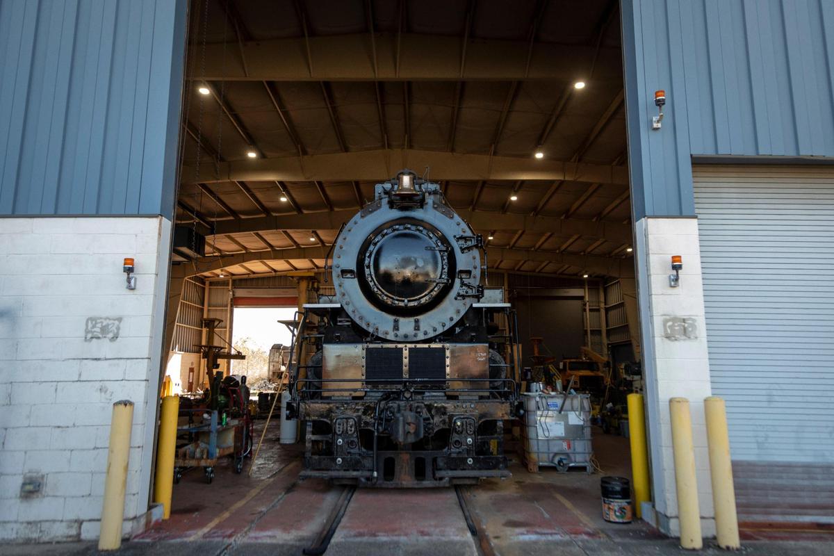 75-year old steam locomotive C&O 2716 sits in the renovated CSX mechanic shop while under restoration in Irvine, Estill County, Ky., Monday, November 2, 2020. Kentucky Steam has already purchased land from CSX and is ready to start construction on the venue, with the sponsorship of Hardy Oil, that it hopes will lead the way for other endeavors to celebrate the regions railroad heritage. In 2018 Kentucky Steam Heritage Corporation purchased the property from CSX Transportation for a future rail-based tourism and historical development.