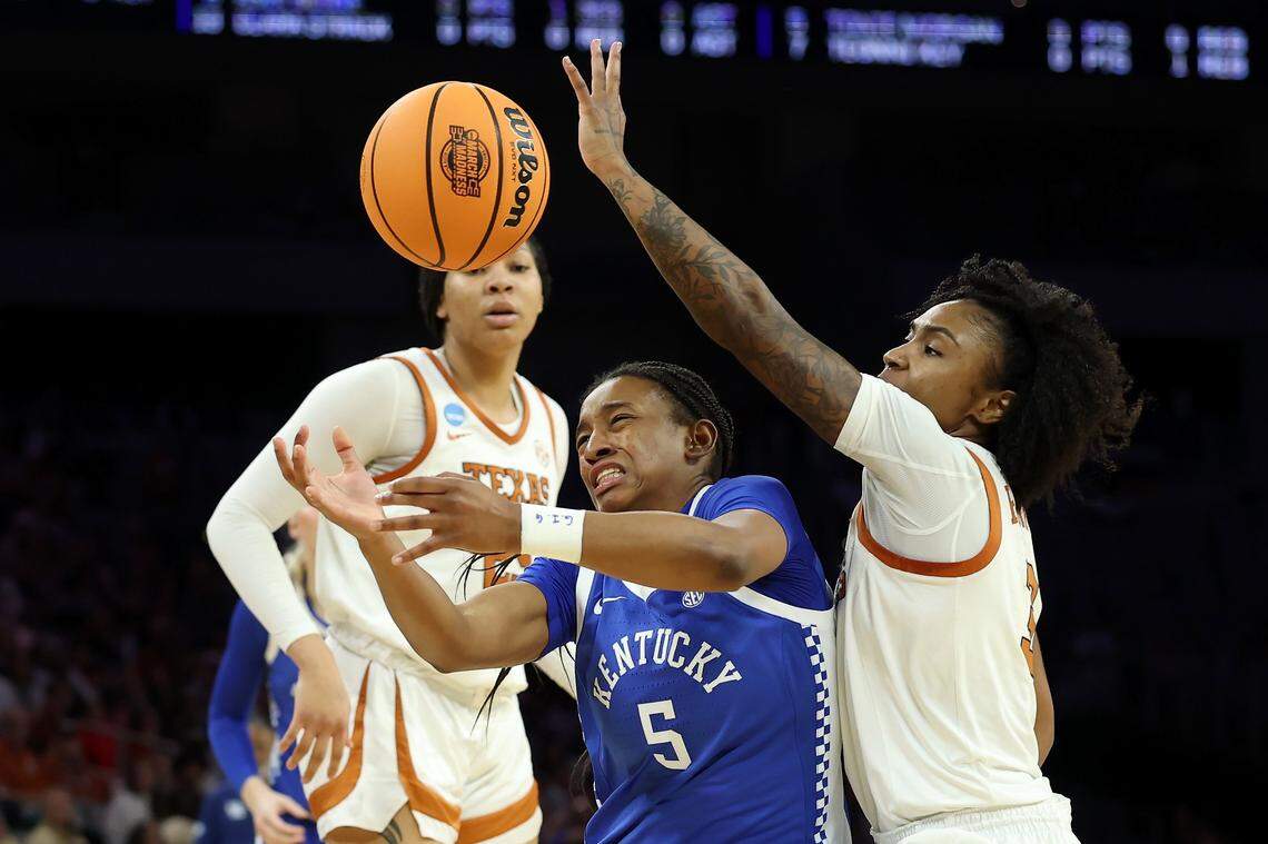 FORT WORTH, TEXAS - MARCH 28: Rori Harmon #3 of the Texas Longhorns defends against Tonie Morgan #5 of the Kentucky Wildcats during the first quarter in the Sweet Sixteen of the 2026 NCAA Women's Basketball Tournament at Dickies Arena on March 28, 2026 in Fort Worth, Texas. (Photo by Elsa/Getty Images)