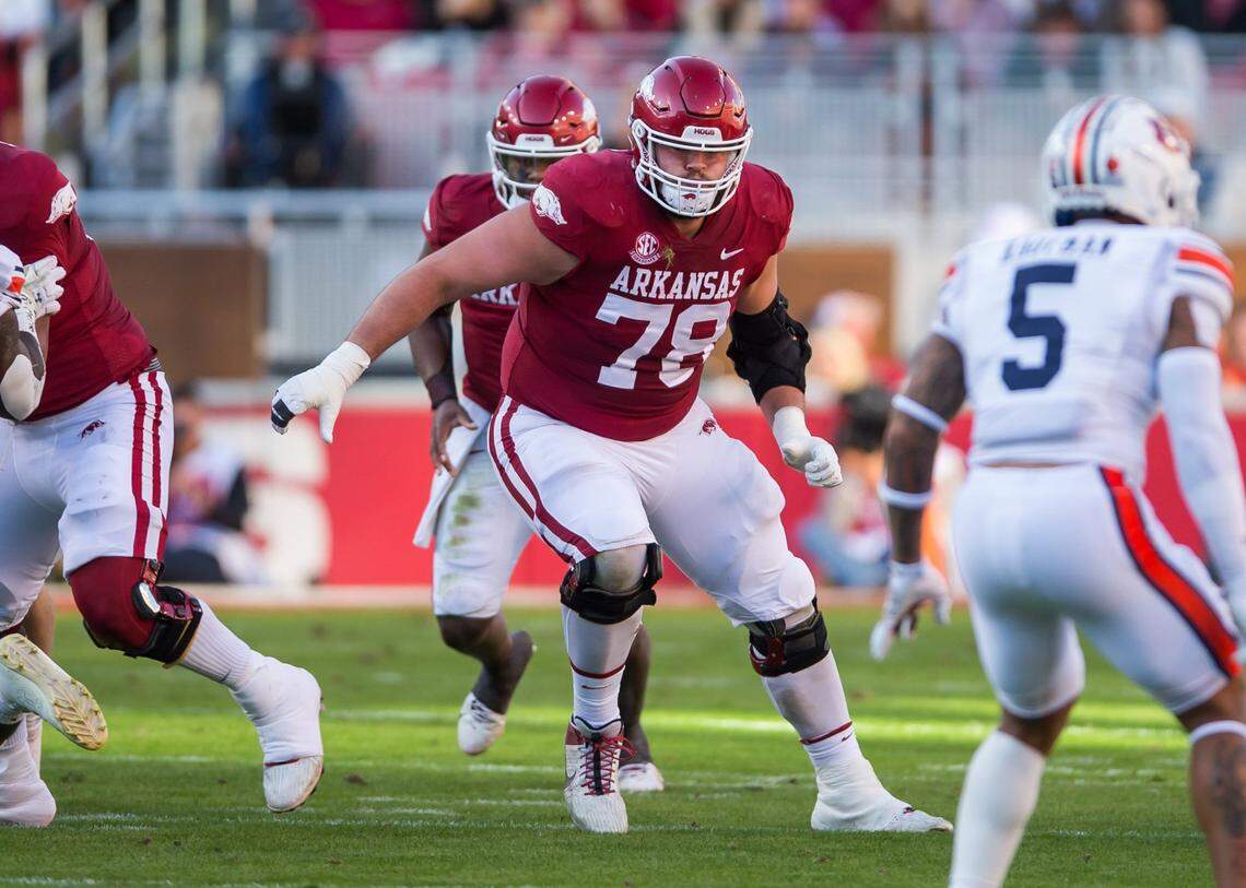Nov 11, 2023; Fayetteville, Arkansas, USA;  Arkansas Razorbacks offensive lineman Joshua Braun (78) blocks during the second quarter against the Auburn Tigers at Donald W. Reynolds Razorback Stadium. Auburn won 48-10. Mandatory Credit: Brett Rojo-USA TODAY Sports