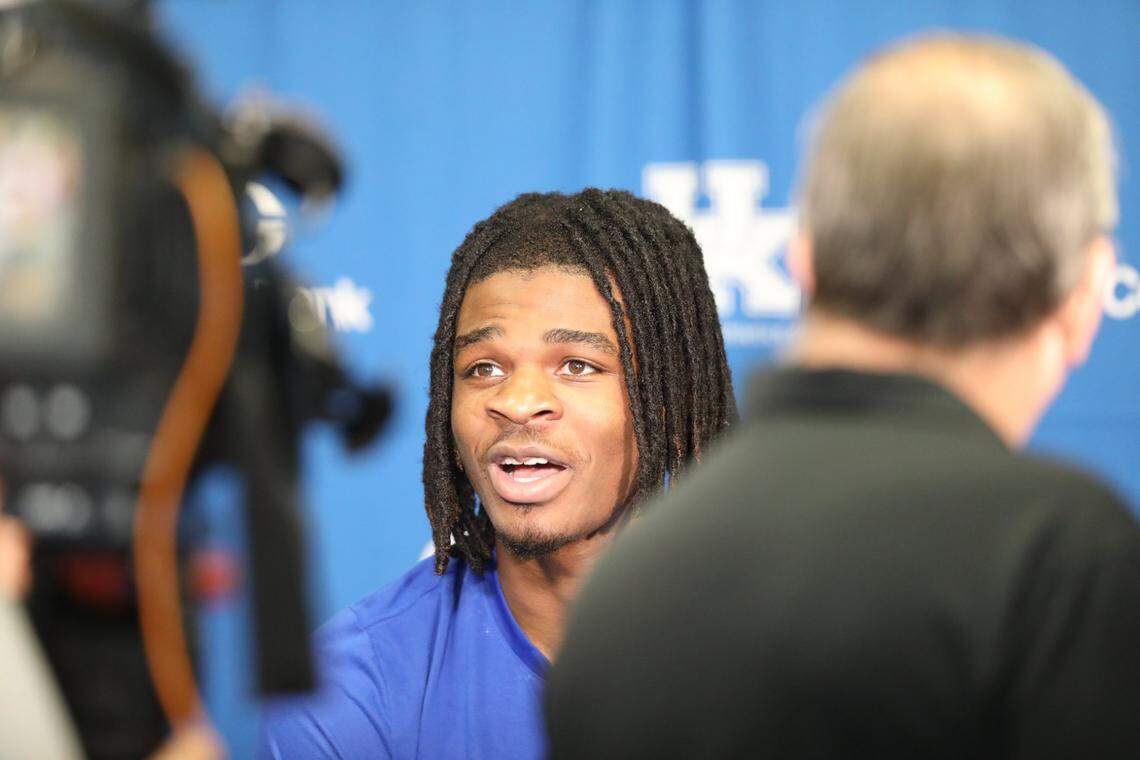 Otega Oweh talks to reporters during Kentucky’s summer practice session in July.