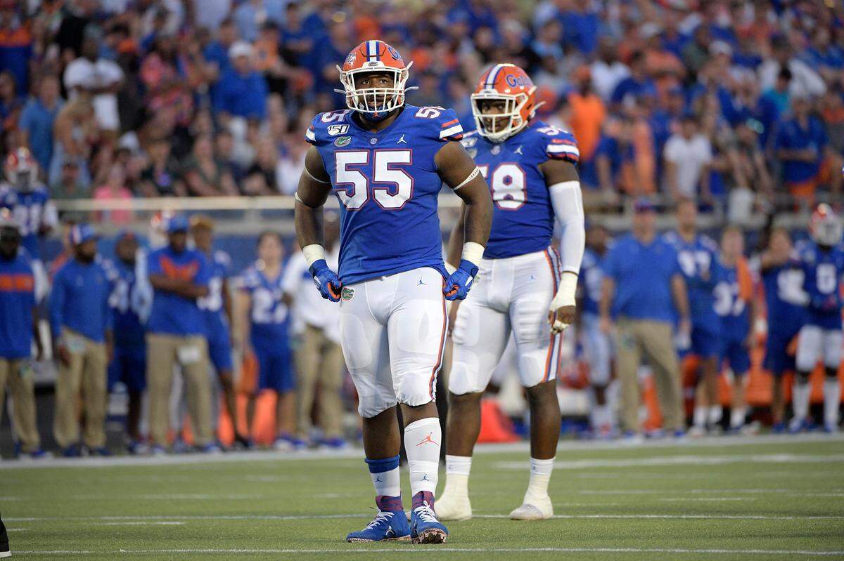 Florida nose tackle Kyree Campbell (55) leads the Gators with 10 tackles, including two tackles for loss.