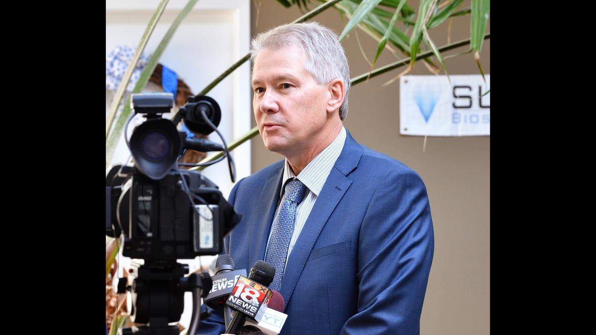 Greg Plucinski, addressing news stations when he was president of Summit Biosciences.
