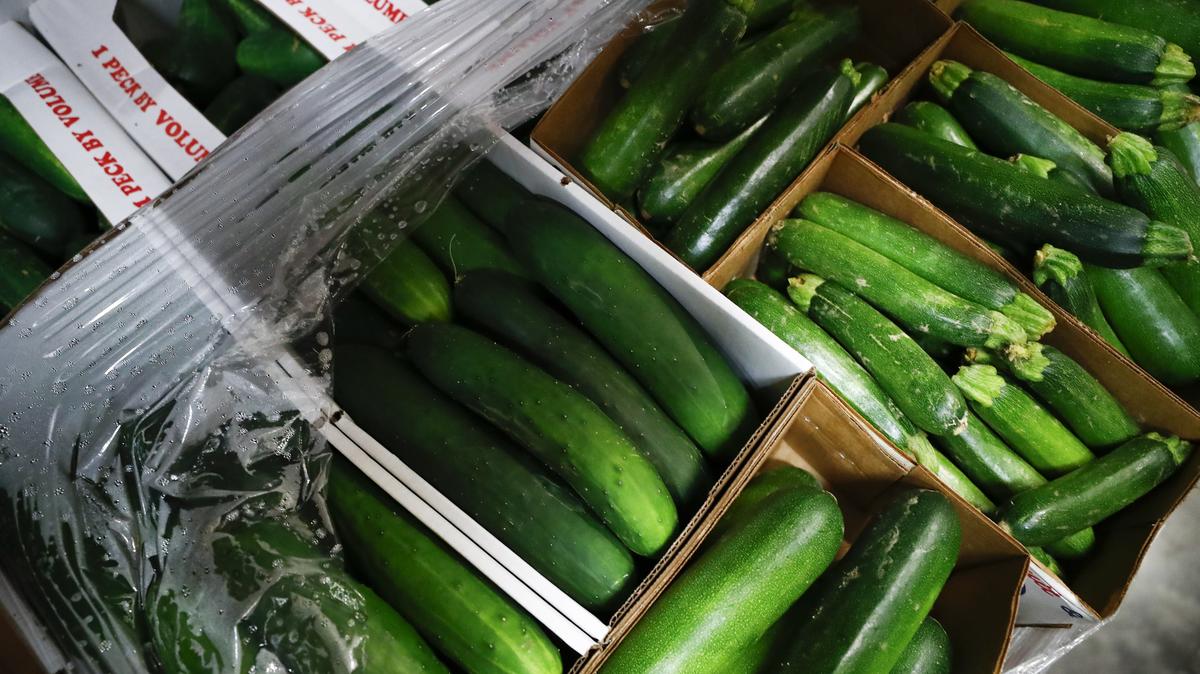 Fifteen pallets of zucchinis and cucumbers sit in a refrigerator at at God’s Pantry Food Bank in Lexington, Ky., in 2019, delivered through the Farms to Food Banks program which distributes locally grown food throughout the commonwealth.