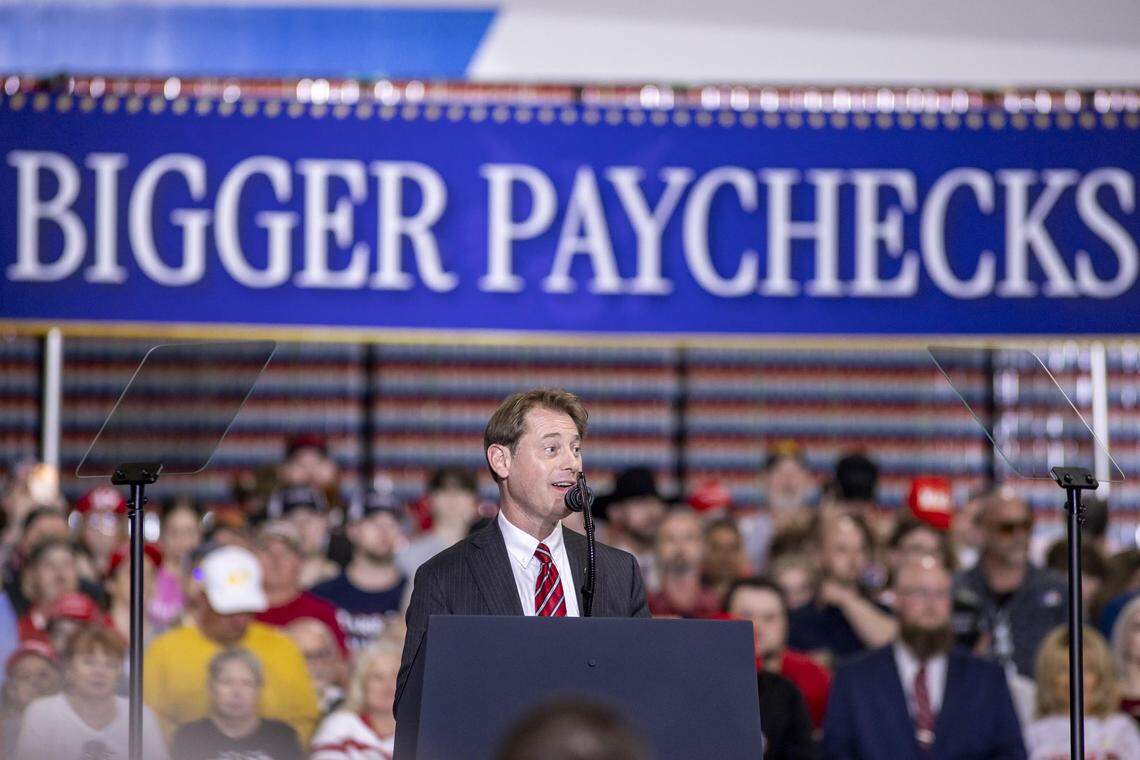 Kentucky Secretary of State Michael Adams speaks during President Donald Trump’s visit to Verst Logistics in Hebron, Kentucky, on Wednesday, March 11, 2026.