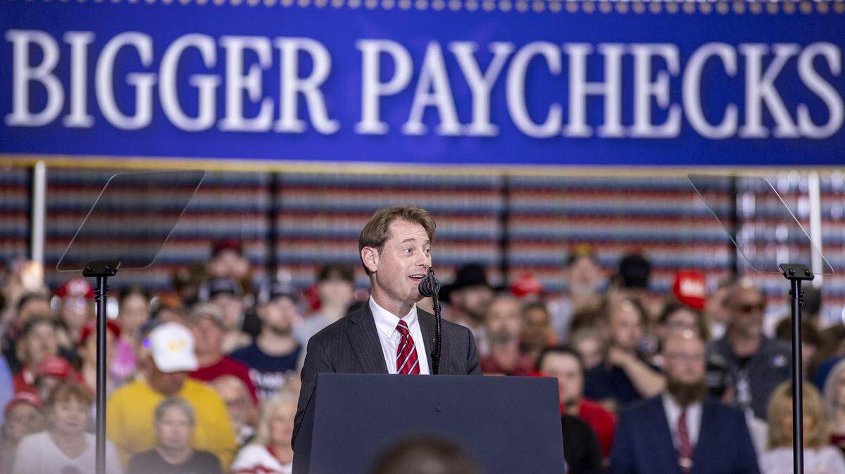 Kentucky Secretary of State Michael Adams speaks during President Donald Trump’s visit to Verst Logistics in Hebron, Kentucky, on Wednesday, March 11, 2026.