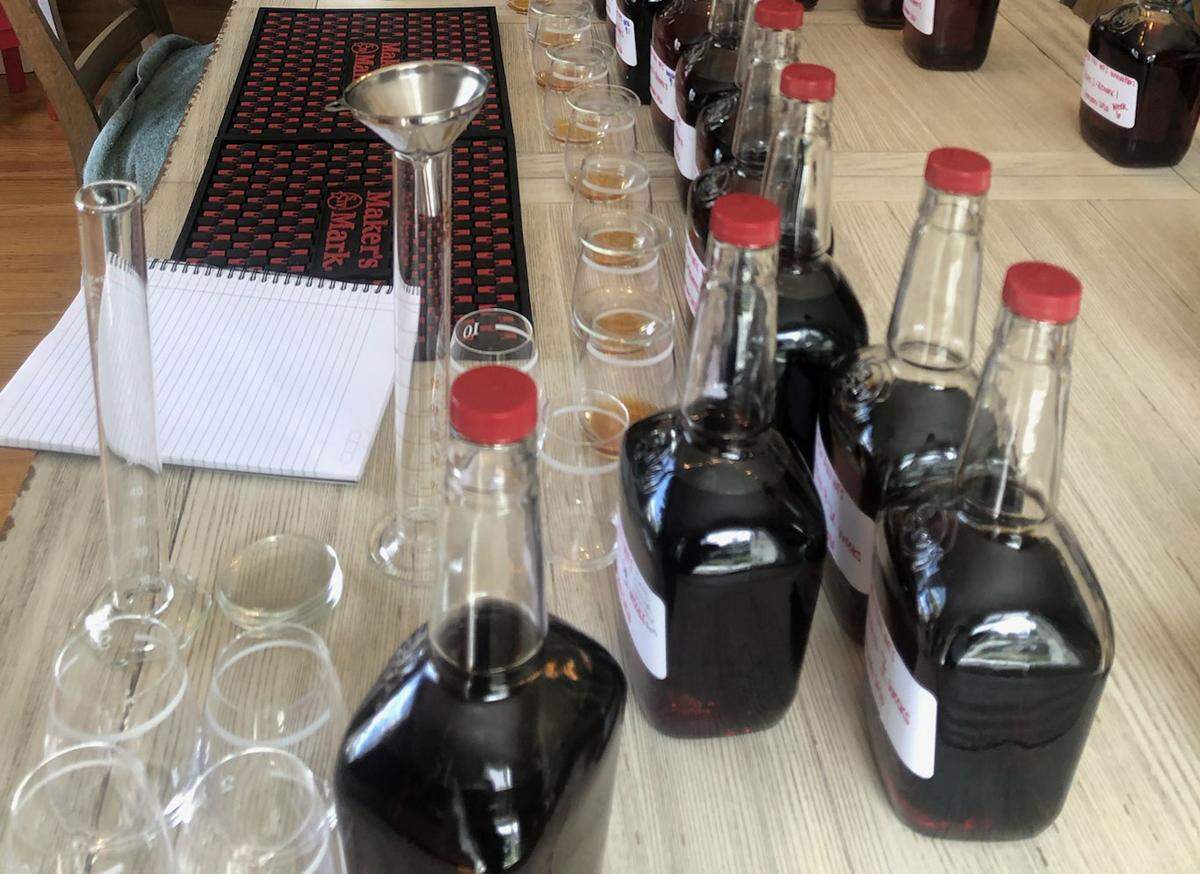 The home lab in Jane Bowie’s dining room where she tasted the final versions of the latest Maker’s Mark Wood Finishing Series release.