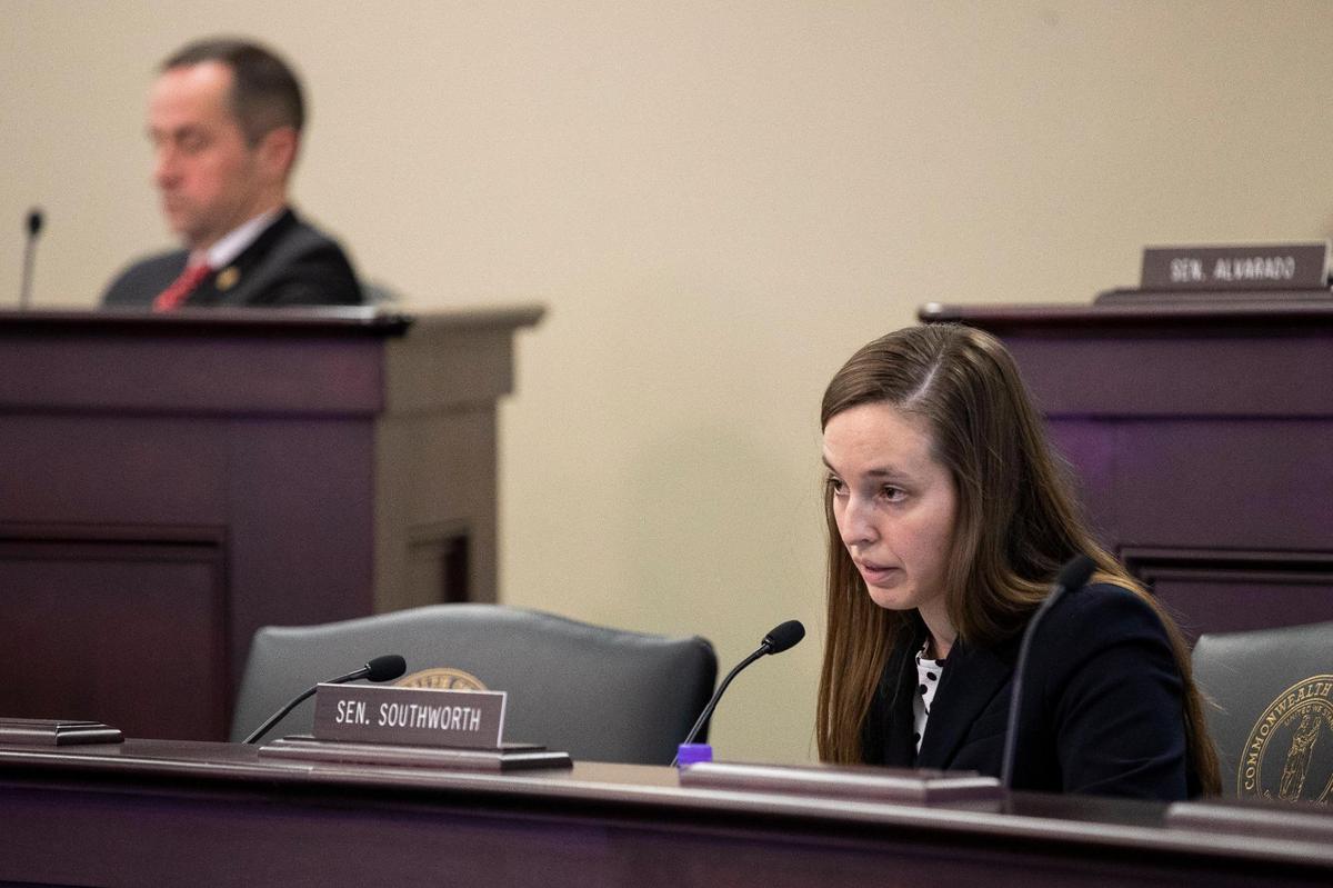 Sen. Adrienne Southworth asks questions on bills 22RS SB 2 and 22RS SB 3 concerning redistricting during the Senate standing committee on state and local government before the second day the Kentucky General Assembly returned for its 60-workday 2022 session at the Capitol in Frankfort, Ky., Wednesday, January 5, 2022.