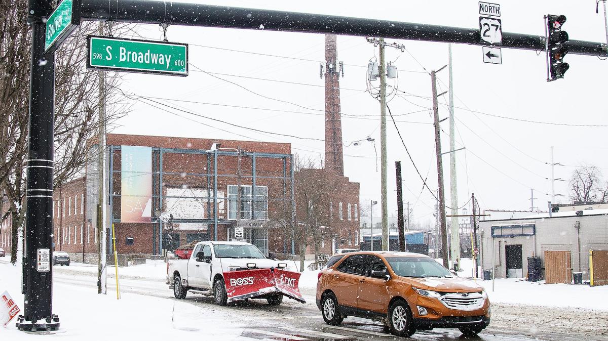 A snowplow truck at the light downtown on the corner of Route 27 and South Broadway, on February 19, 2025, in Lexington, Ky.