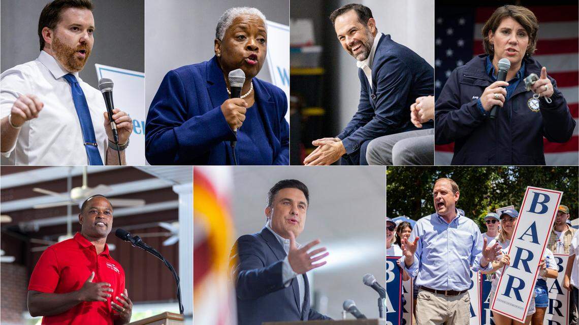 From top left, clockwise: Democratic U.S. Senate candidates Logan Forsythe, state Rep. Pamela Stevenson, Joel Willett and Amy McGrath; Republican U.S. Senate candidates Rep. Andy Barr, Nate Morris and Daniel Cameron