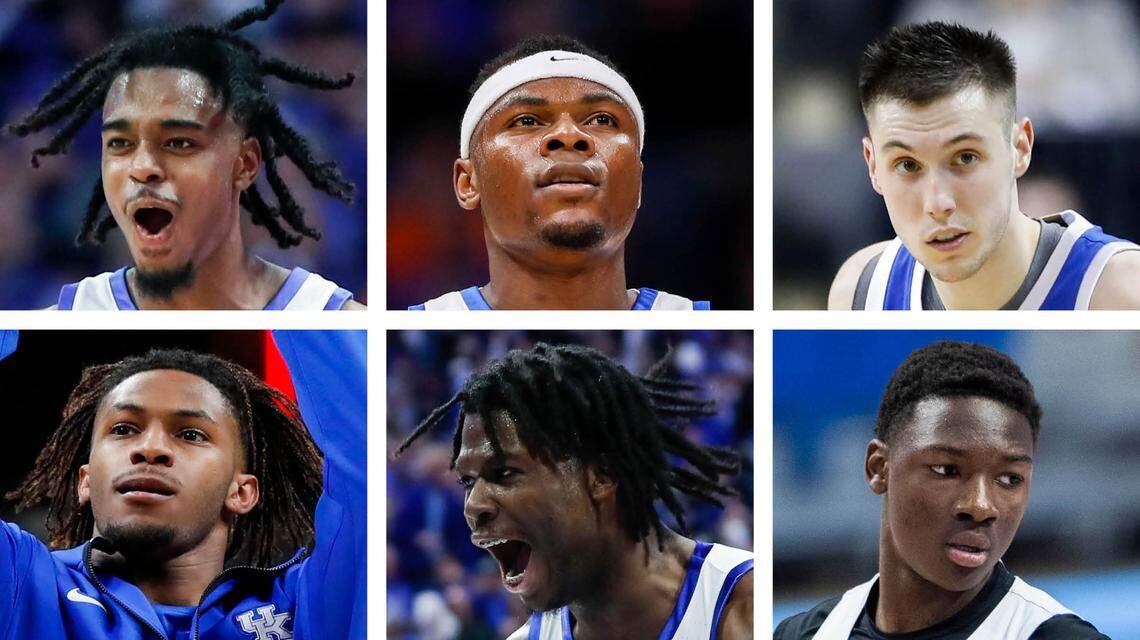Kentucky basketball players (clockwise from top left) Antonio Reeves, Oscar Tshiebwe, CJ Fredrick, Adou Thiero, Chris Livingston and Daimion Collins.