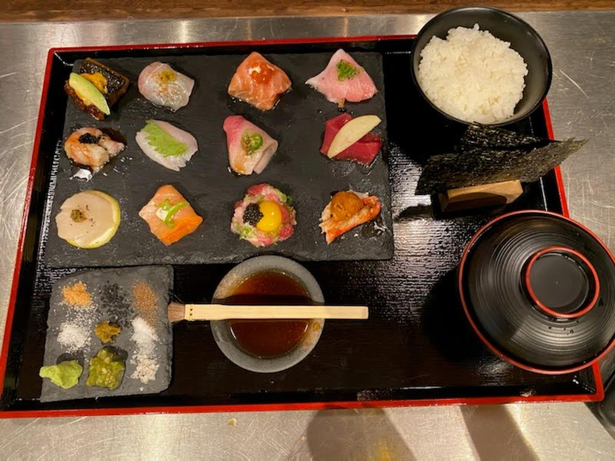 The omakase sushi/sashimi set at Omakase, the new sushi and sake restaurant now open on East High Street in the former Tomo location.