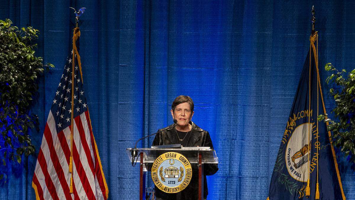 Lexington Mayor Linda Gorton delivers her State of the City-County Address, Thursday, Jan. 28, 2026, at the Central Bank Center ballroom in Lexington, Ky.