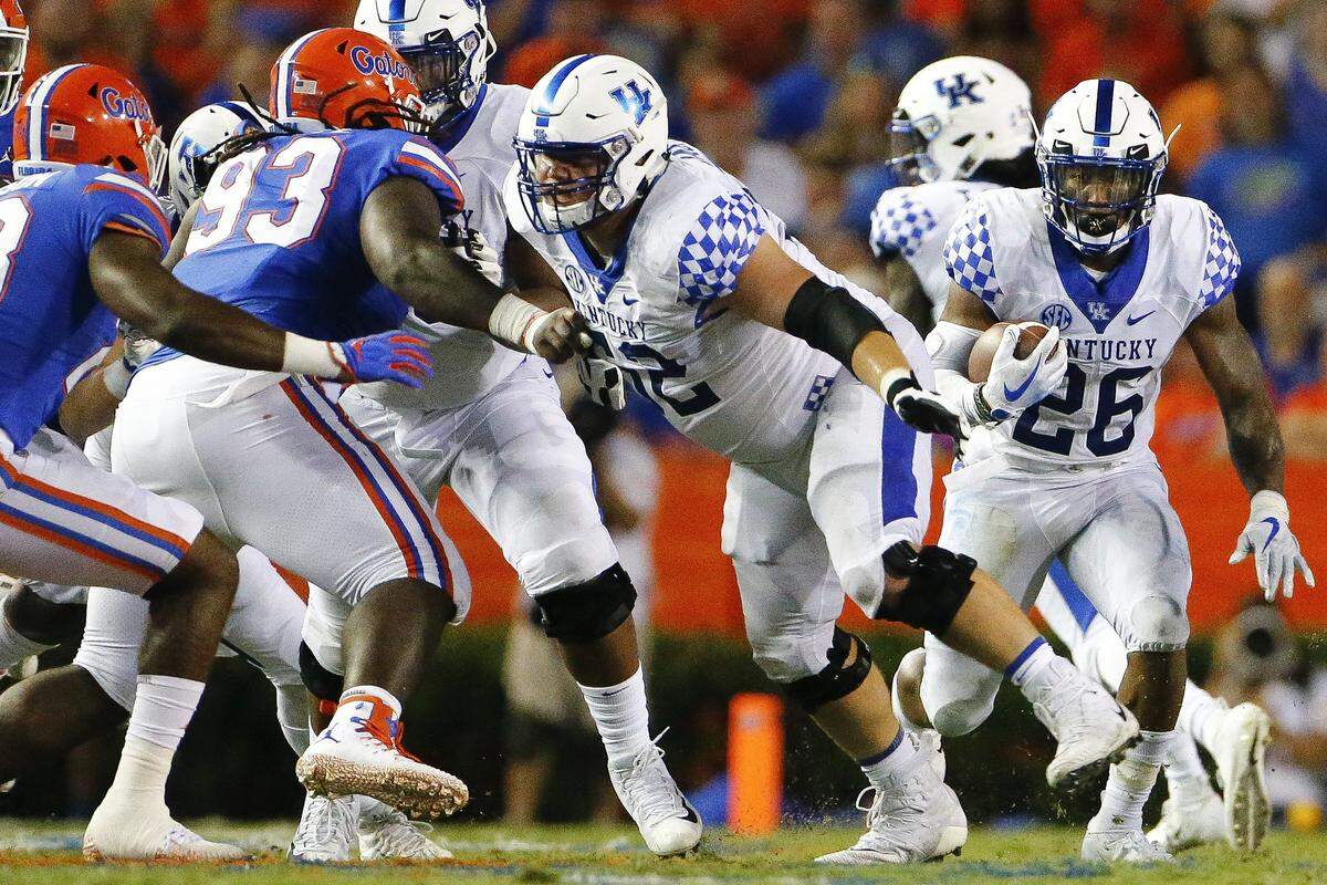 Kentucky center Drake Jackson (52) has been a stalwart for a UK offensive line that has been a team strength in 2018 but that had a difficult second half in the Wildcats’ 24-10 victory over South Carolina last week.