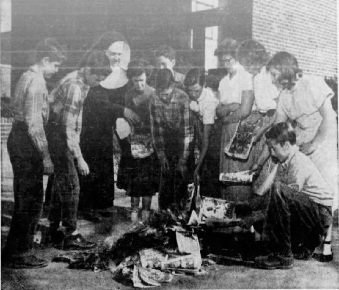 Children at St. Rita’s Parochial School in Louisville burned more than 300 comic books in February 1954 under the watchful eye of Sister Clarice, a seventh grade teacher. The young book burners were members of a Civics In Action Club.