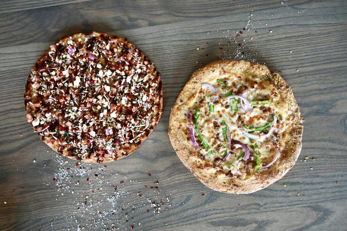 Parlour’s two offerings for Lexington Pizza Week: at left a Bruschetta Pizza and at right a Beef & Beer Cheese Pizza.