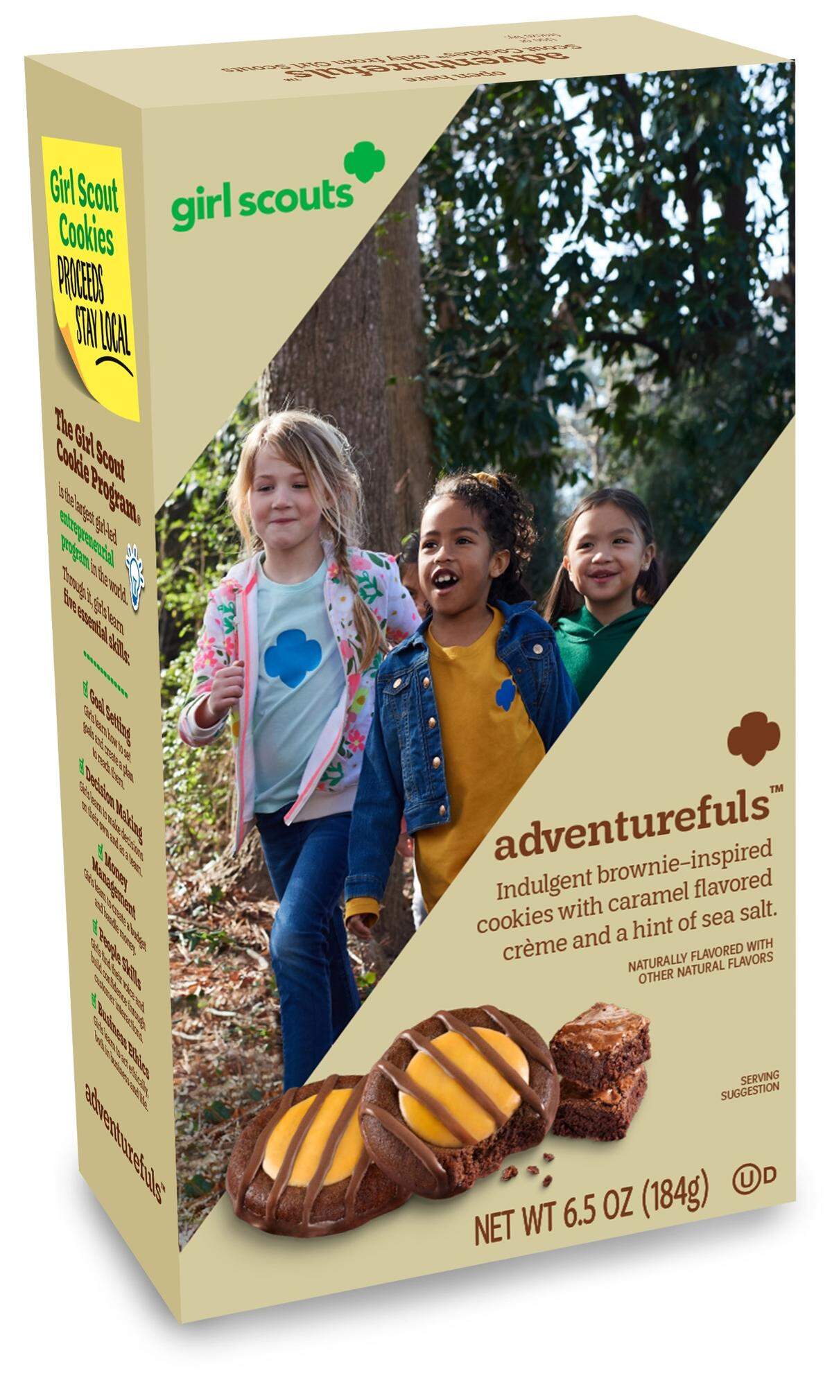 The latest Girl Scout lineup next January will be Adventurefuls, a brownie-like chocolate cookie with caramel on top.