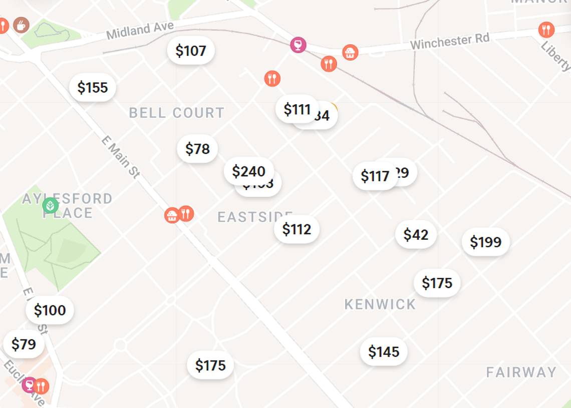Some of the homes offered as Airbnb rentals on a recent day around the Bell Court and Kenwick neighborhoods.