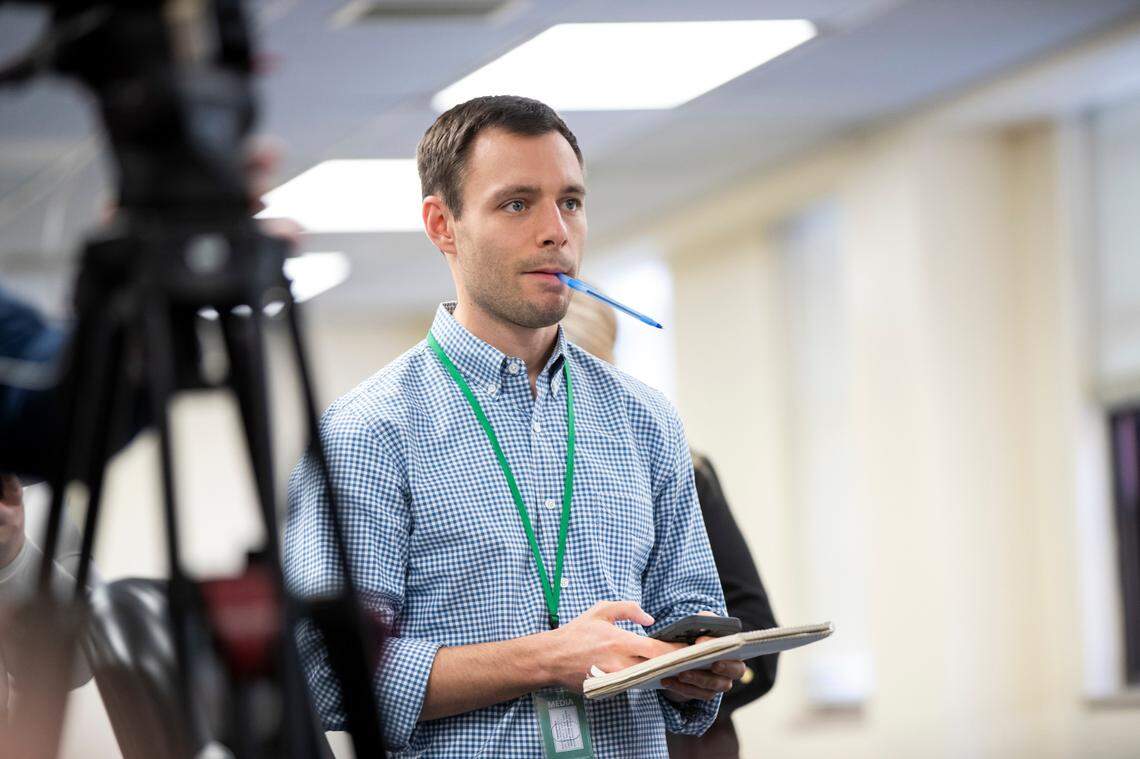 Austin Horn listens to Speaker of the House, Rep. David W. Osborne and Senate President Sen. Robert Stivers speak during a press conference about the 2024 Regular Session priorities in Frankfort, Ky, Wednesday, January 3, 2023.