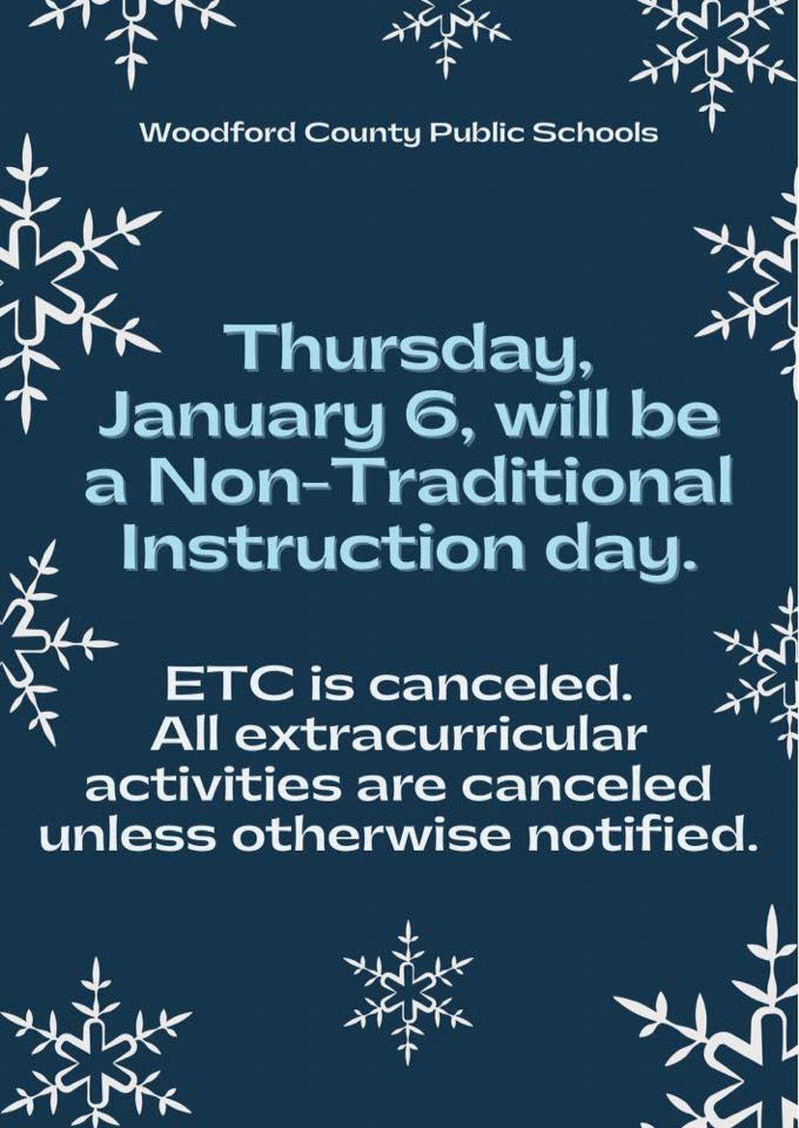 Woodford County Public Schools are among the Kentucky districts that canceled in-person classes Thursday January 6, 2022. Source: Woodford County Schools