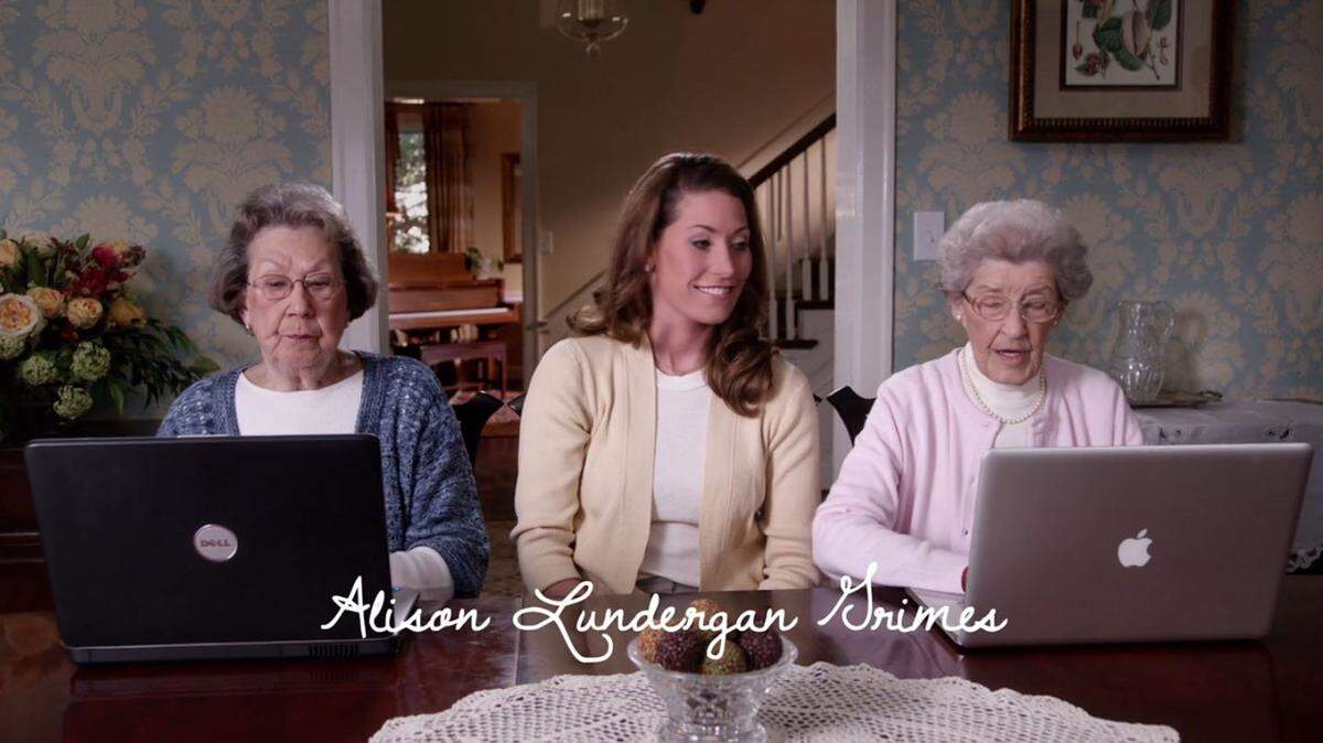 In this ad created by Democrat political consultant Mark Putnam for Alison Lundergan Grimes' 2011 campaign for Kentucky secretary of state, Grimes was introduced to voters by her two grandmothers, Elsie Case, left, and Thelma Lundergan McHugh. McHugh died in 2012.  