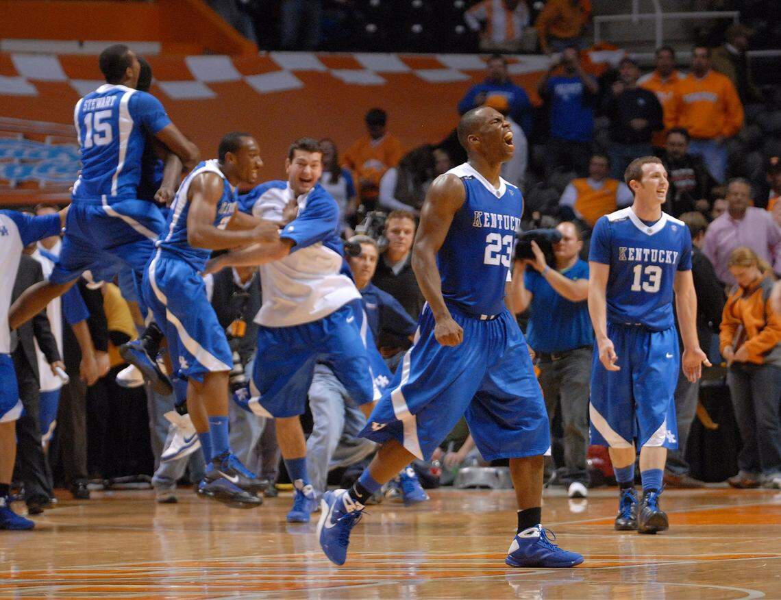 Jodie Meeks (23) celebrated after the Kentucky guard set a school single-game scoring record with 54 points in a 90-72 UK victory at Tennessee on Jan. 13, 2009.