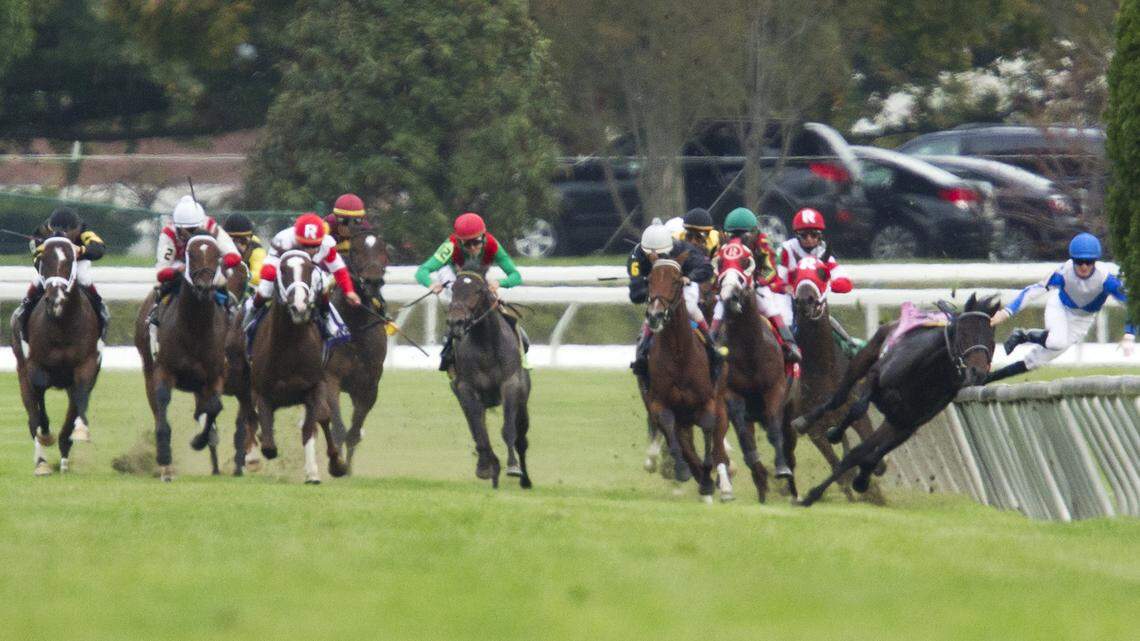 Here Comes Frazier with Julien R. Leparoux up was thrown off as they turned for the home stretch in the Bourbon S. (Grade 3) was ran at Keeneland Racecourse Oct. 9, 2011.