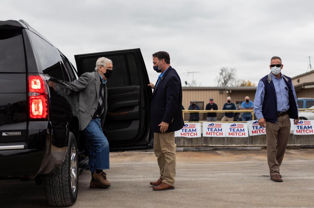 Senate majority leader Mitch McConnell arrives to speak at a campaign event in front of Custom Tool and Manufacturing in Lawrenceburg, Ky., Wednesday, October 28, 2020.