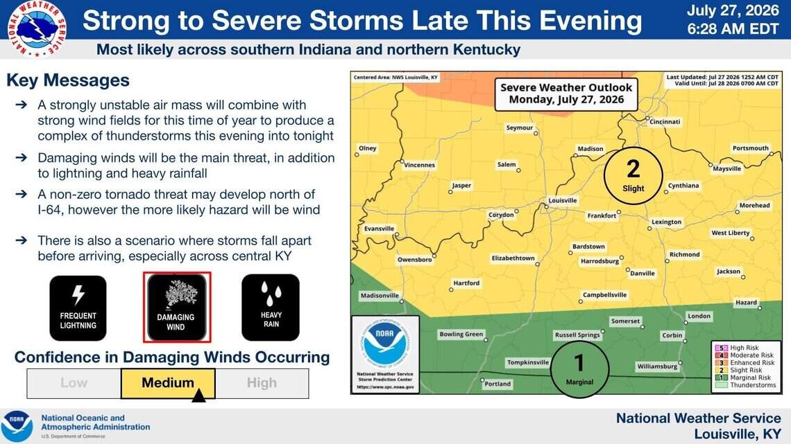 Strong thunderstorms with high wind speeds possible in Kentucky Monday night